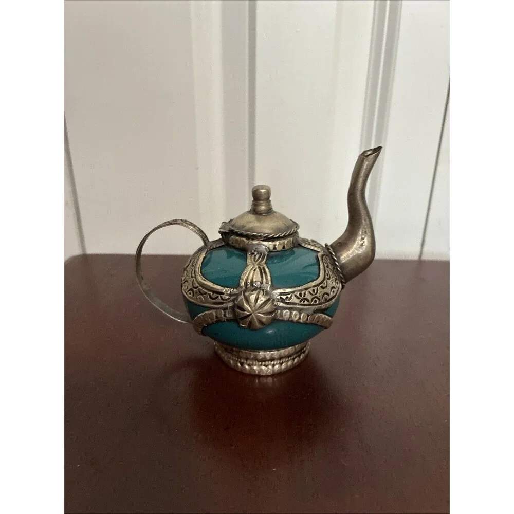 Vintage Moroccan Miniature Teapot Teal Ceramic Silver Metal Filigree Decorative